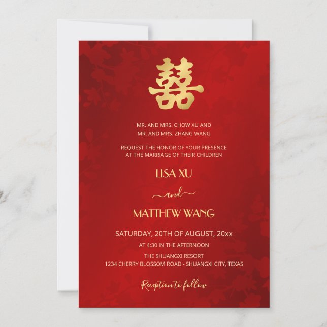 Invitación Bilingual | Simple Red Gold Chinese Wedding (Anverso)