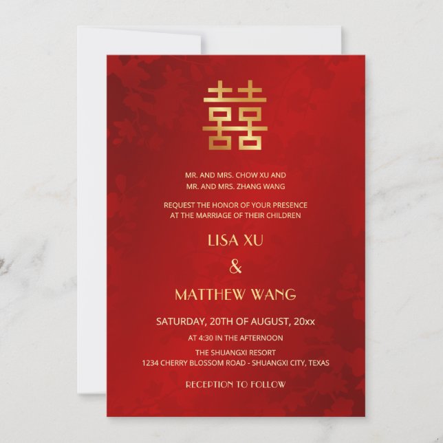 Invitación Bilingual | Simple Red Gold Chinese Wedding (Anverso)