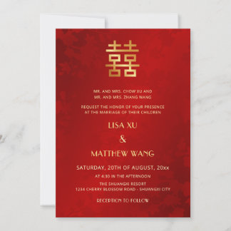Invitación Bilingual | Simple Red Gold Chinese Wedding