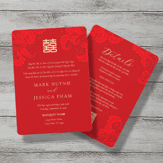 Invitación Bilingual Vietnamese English Red Floral Wedding