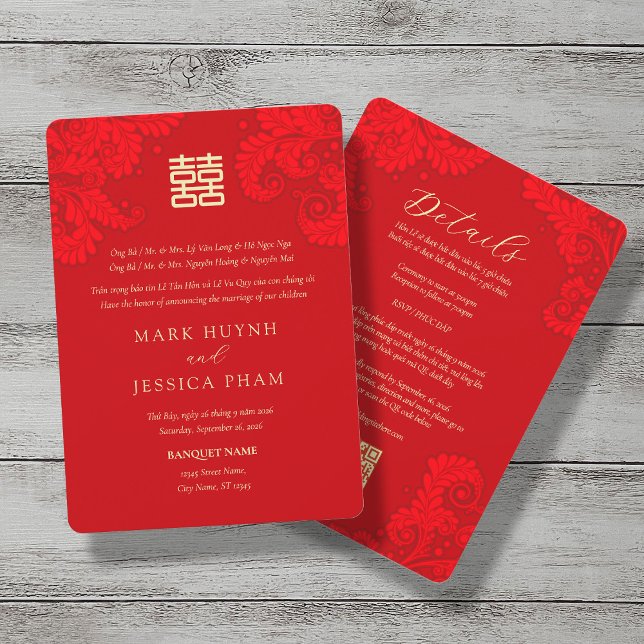 Invitación Bilingual Vietnamese English Red Floral Wedding (Subido por el creador)