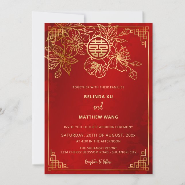 Invitación BILINGÜE Boda China Rojo Oro (Anverso)