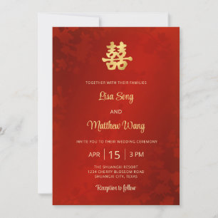 Invitación Bilingüe Boda chino de oro rojo claro