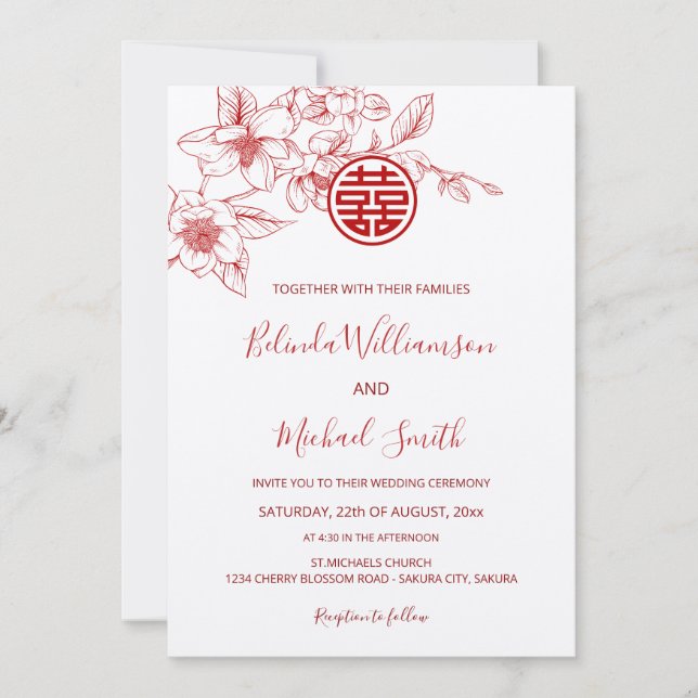 Invitación Bilingüe chino | Magnolia Cream Chinese Boda (Anverso)