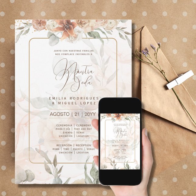 Invitación bilingüe de Boda Boho Pampa Grass (Subido por el creador)