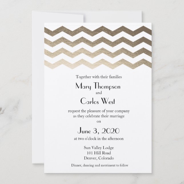 Invitación bilingüe de la boda de Ecru Chevron del (Anverso)