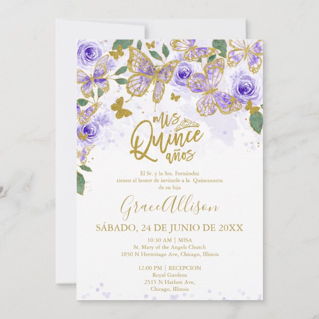 Invitación Bilingüe de Mariposa Quinceañera  (Reverso)