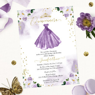 Invitación Bilingüe de Quinceañera con Floral Púrp