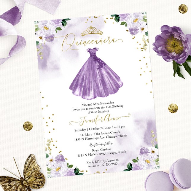 Invitación Bilingüe de Quinceañera con Floral Púrp (Subido por el creador)