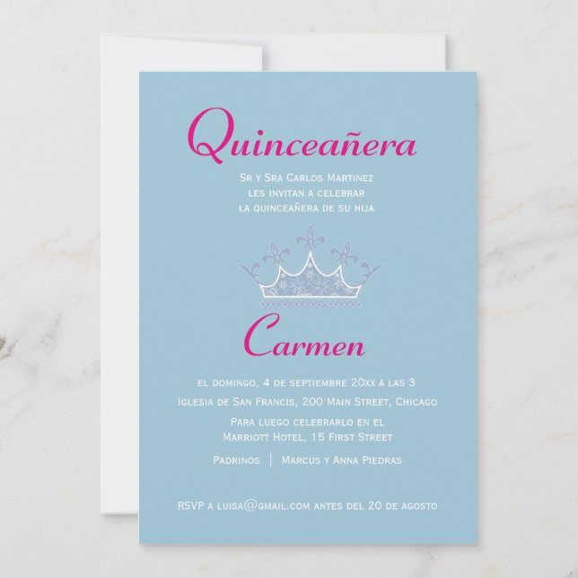 Invitación bilingüe de Quinceañera Tiara (Reverso)