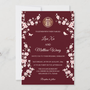Invitación BILINGÜE   Flor de capullo de rubor granate Boda c