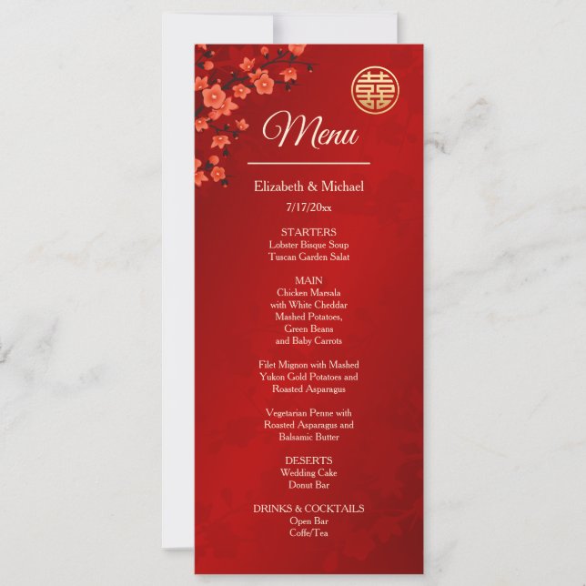 Invitación BILINGÜE Flor de Cerezo Roja Boda China (Anverso)