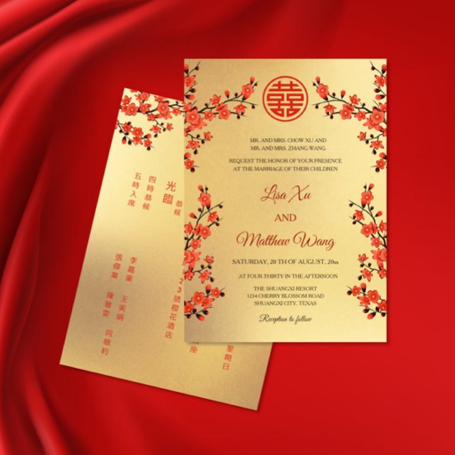 Invitación BILINGÜE Flor de Oriente Rojo | Boda China (Subido por el creador)