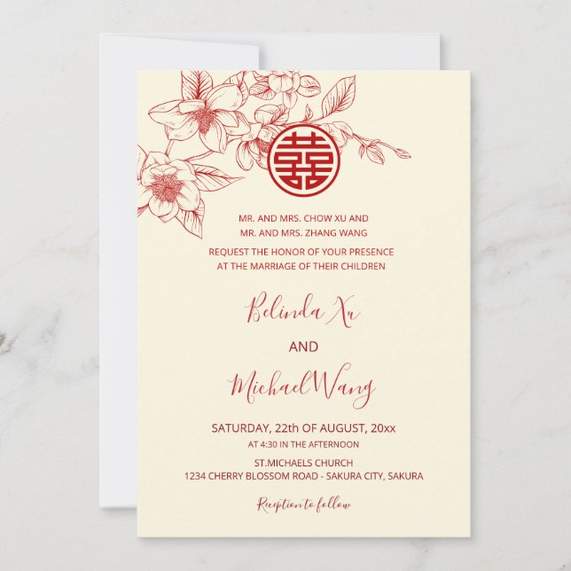 Invitación BILINGÜE | Magnolia Crema Boda China (Anverso)