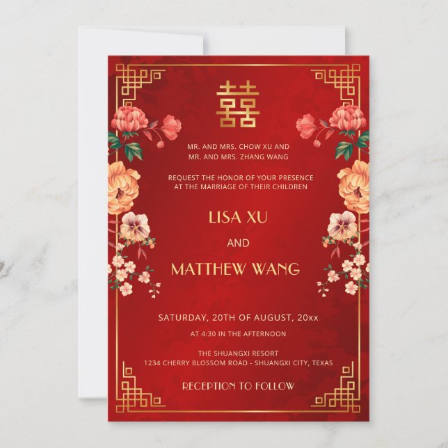 Invitación BILINGÜE Marco Dorado Boda China Roja (Anverso)