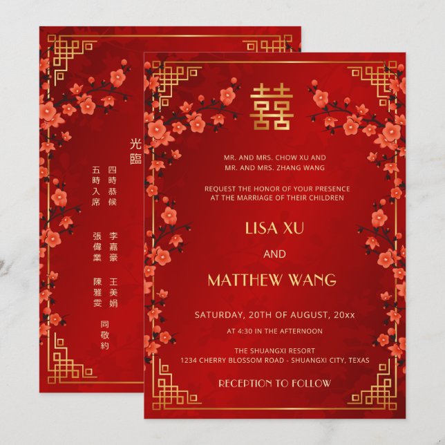 Invitación BILINGÜE Marco Dorado Rojo Boda China (Anverso / Reverso)
