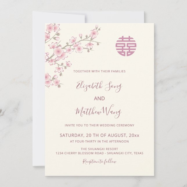 Invitación BILINGÜE  Rubor Flor de Cerezo Boda China (Anverso)