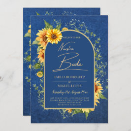Invitación Bilingüe Rústico Azul Amarillo Girasoles Boda