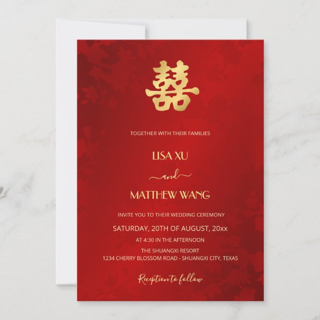 Invitación Bilingüe | Simple Bodas Chinas de Oro Rojo (Anverso)
