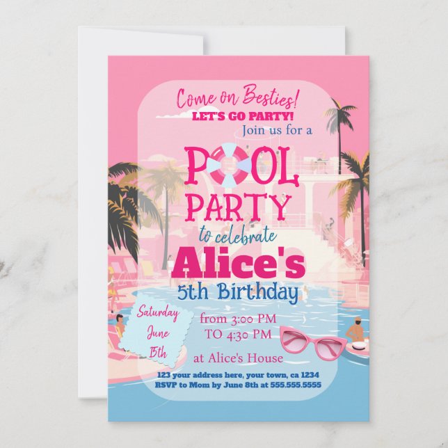 Invitación Billar Fiesta Doll Malibu Beach Birthday (Anverso)