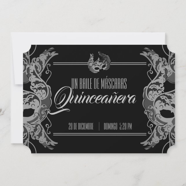Invitación billete blanco negro de la quinceañera de MASQUERA (Reverso)
