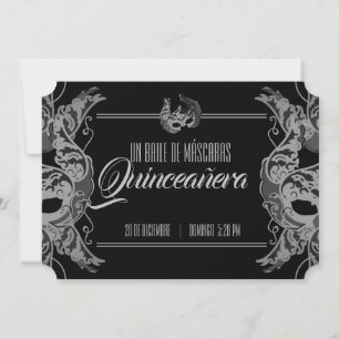 Invitación billete blanco negro de la quinceañera de MASQUERA