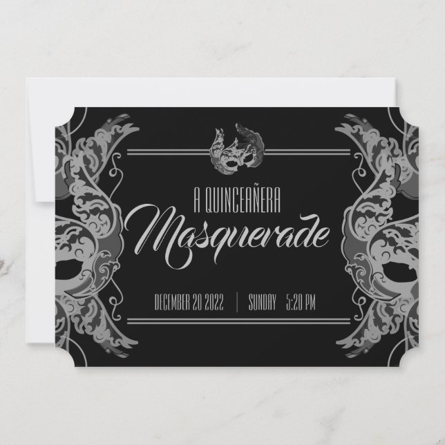 Invitación Billete blanco negro de quinceañera MASQUERADE en  (Reverso)