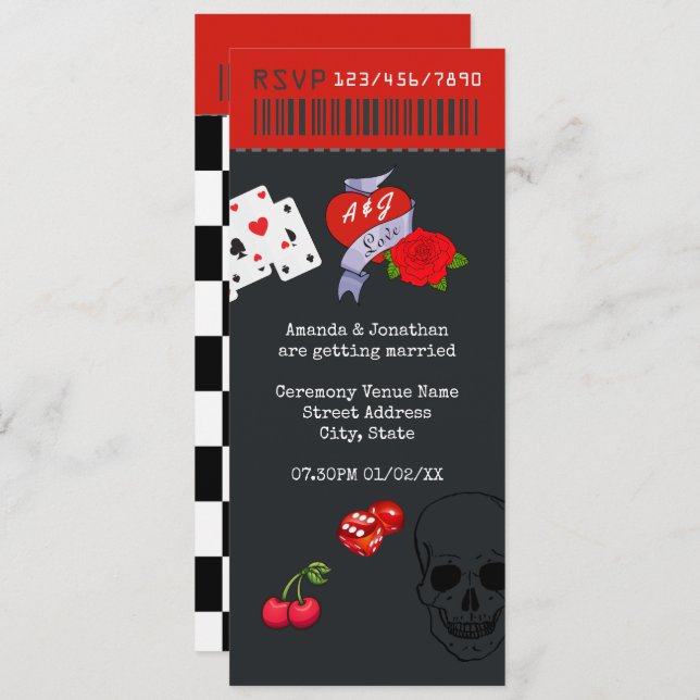 Invitación Billete Boda Rockabilly (Anverso / Reverso)