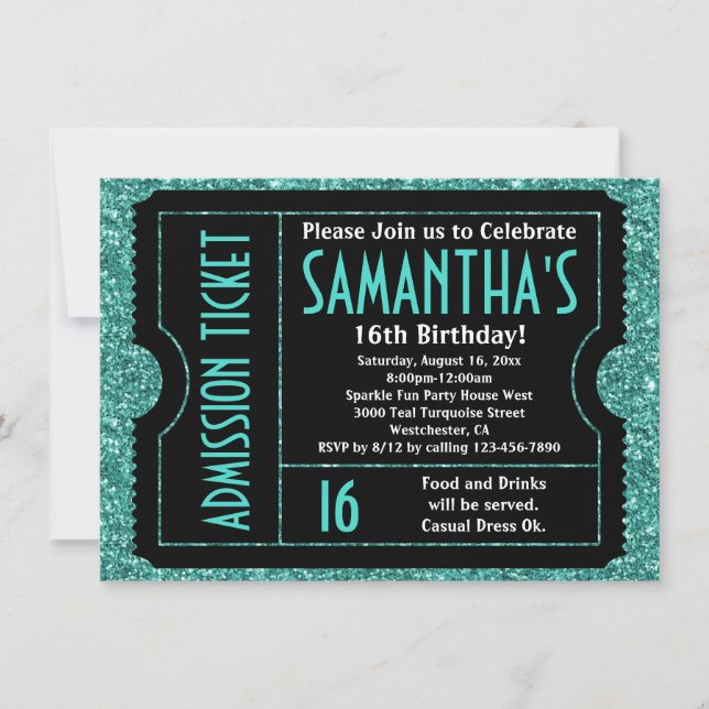 Invitación Billete de 16 espuelas azules turquesas dulce (Anverso)