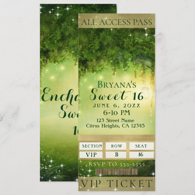Invitación Billete de 16 Fiestas con encanto Green Forest VIP (Anverso / Reverso)