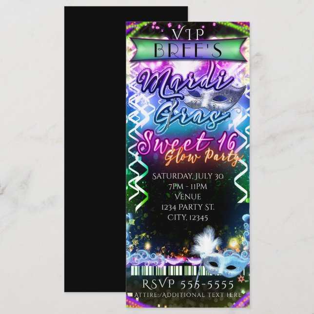 Invitación Billete de 16 Fiestas Mardi Gras Rainbow Glow VIP  (Anverso / Reverso)