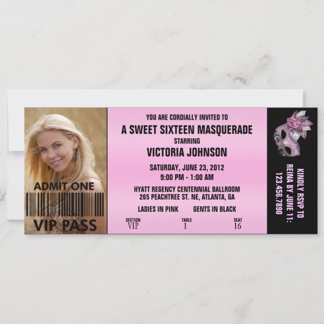 Invitación Billete de admisión VIP para 16 bailes de máscaras (Anverso)