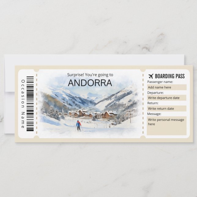 Invitación Billete de avión editable de Andorra, Andorra Trip (Anverso)