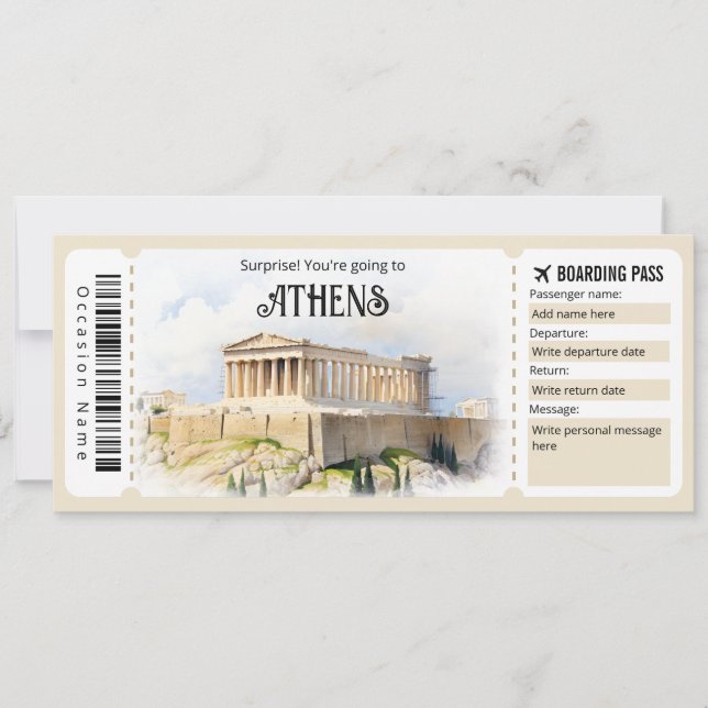 Invitación Billete de avión editable de Atenas, viaje a Greci (Anverso)