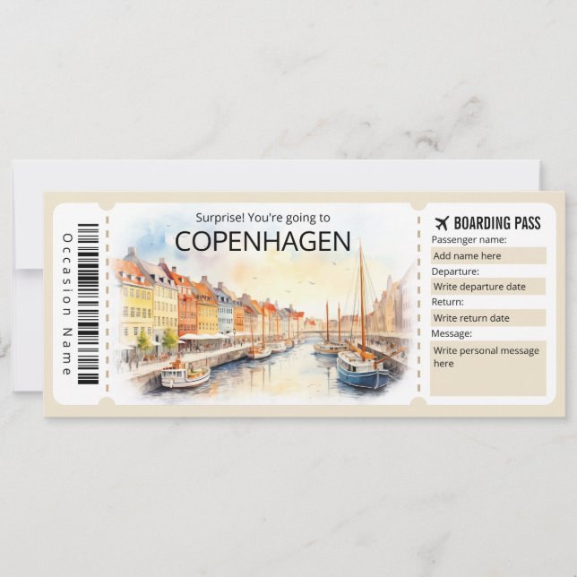Invitación Billete de avión editable de Copenhague, viaje a D (Anverso)