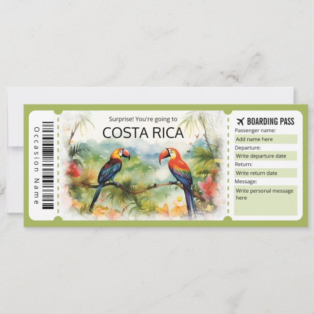 Invitación Billete de avión editable de Costa Rica (Anverso)