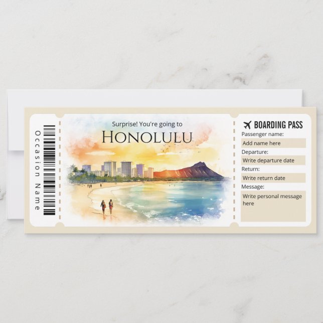 Invitación Billete de avión editable de Honolulu Boarding (Anverso)