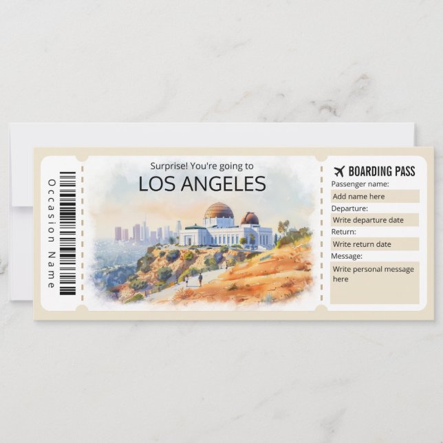 Invitación Billete de avión editable de Los Angeles, LA Trip (Anverso)