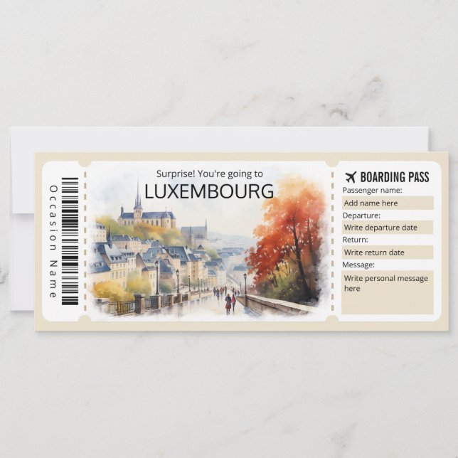 Invitación Billete de avión editable de Luxemburgo, viaje a L (Anverso)
