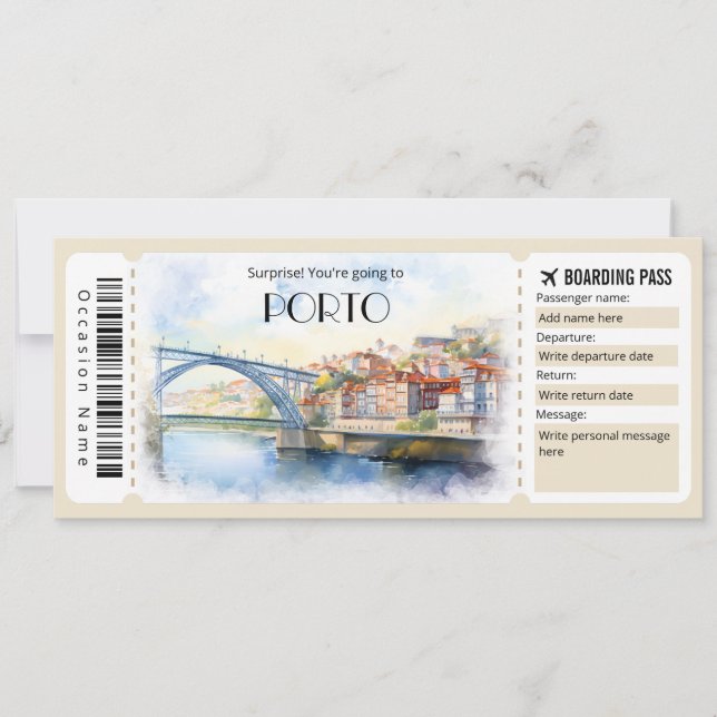 Invitación Billete de avión editable de Porto Boarding (Anverso)