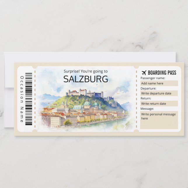 Invitación Billete de avión editable de Salzburgo, viaje a Au (Anverso)