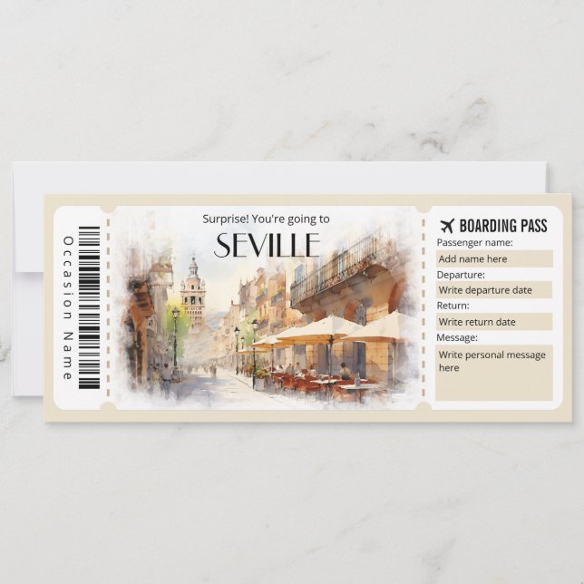 Invitación Billete de avión editable de Sevilla (Anverso)
