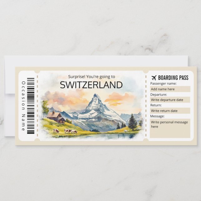 Invitación Billete de avión editable de Suiza, Suiza (Anverso)