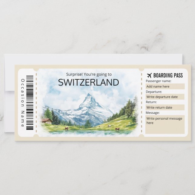 Invitación Billete de avión editable de Suiza, Suiza (Anverso)