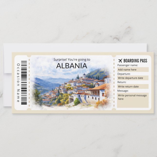Invitación Billete de avión editable para Albania, viaje a Al (Anverso)