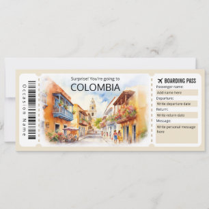 Invitación Billete de avión editable para Colombia, viaje en 