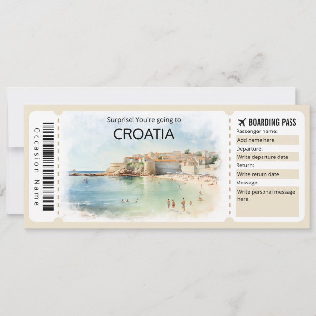 Invitación Billete de avión editable para Croacia, viaje a Cr (Anverso)