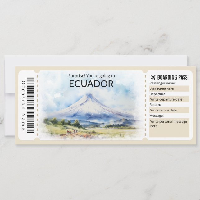 Invitación Billete de avión editable para Ecuador, viaje a Ec (Anverso)