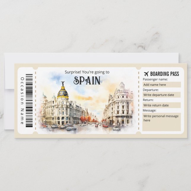Invitación Billete de avión editable para España, viaje a Esp (Anverso)