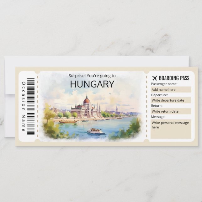 Invitación Billete de avión editable para Hungría, viaje a Hu (Anverso)